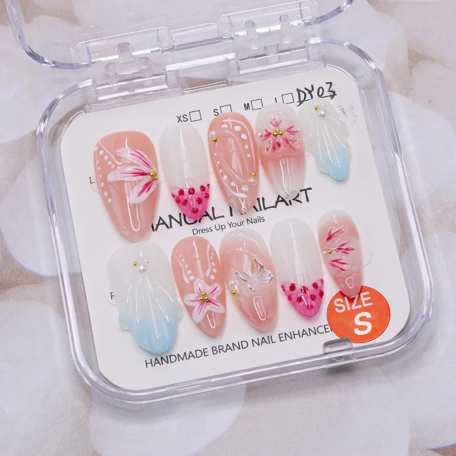 

Flower Press on Nails for Women Medium Almond Shape with French Tip Design Handmade 3D Flower and Butterfly Pattern Water Rippl