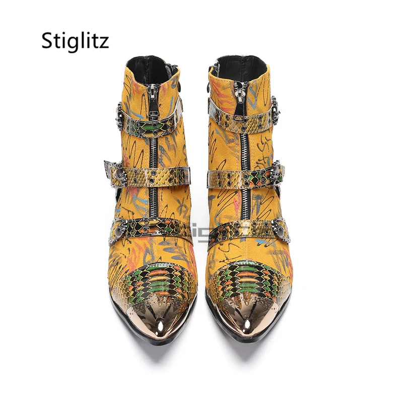 الأصفر الكتابة على الجدران يطبع تشيلسي الأحذية للرجال المعادن أشار تو جلد الغزال المرقعة الأحذية حزام مشبك حذاء من الجلد الذكور الأحذية #6