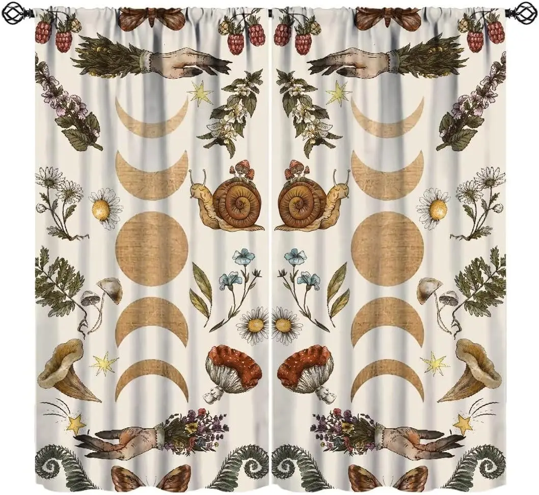 Vintage Moon Phase Curtains, Retro Witchy Hands Magic Wildflower Floral Butterfly Mushroom Plant Insect Print Blackout Window