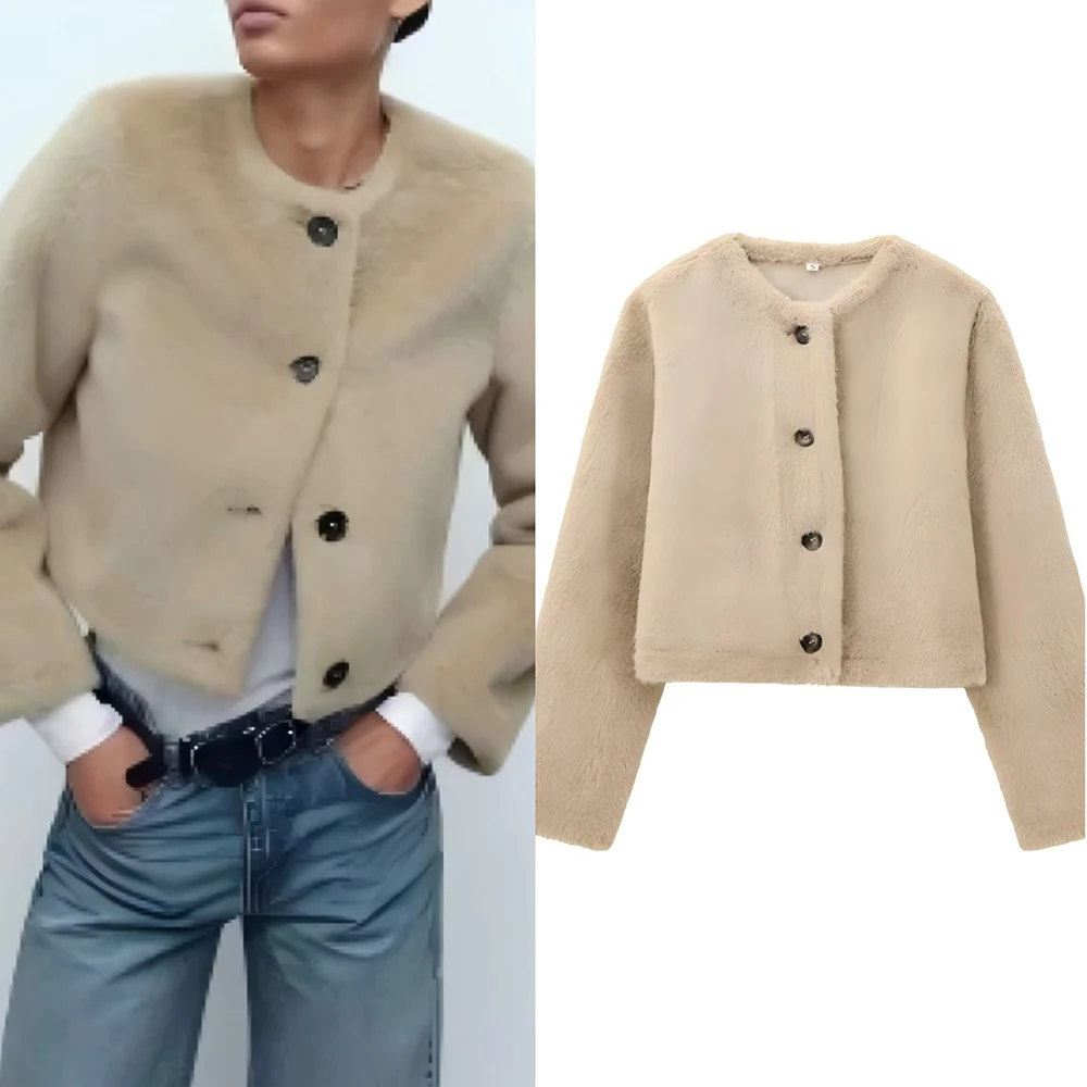 

Women's 2025 new fashion artificial fur effect short round neck jacket Coat retro long sleeved Button-up women's Coat chic top