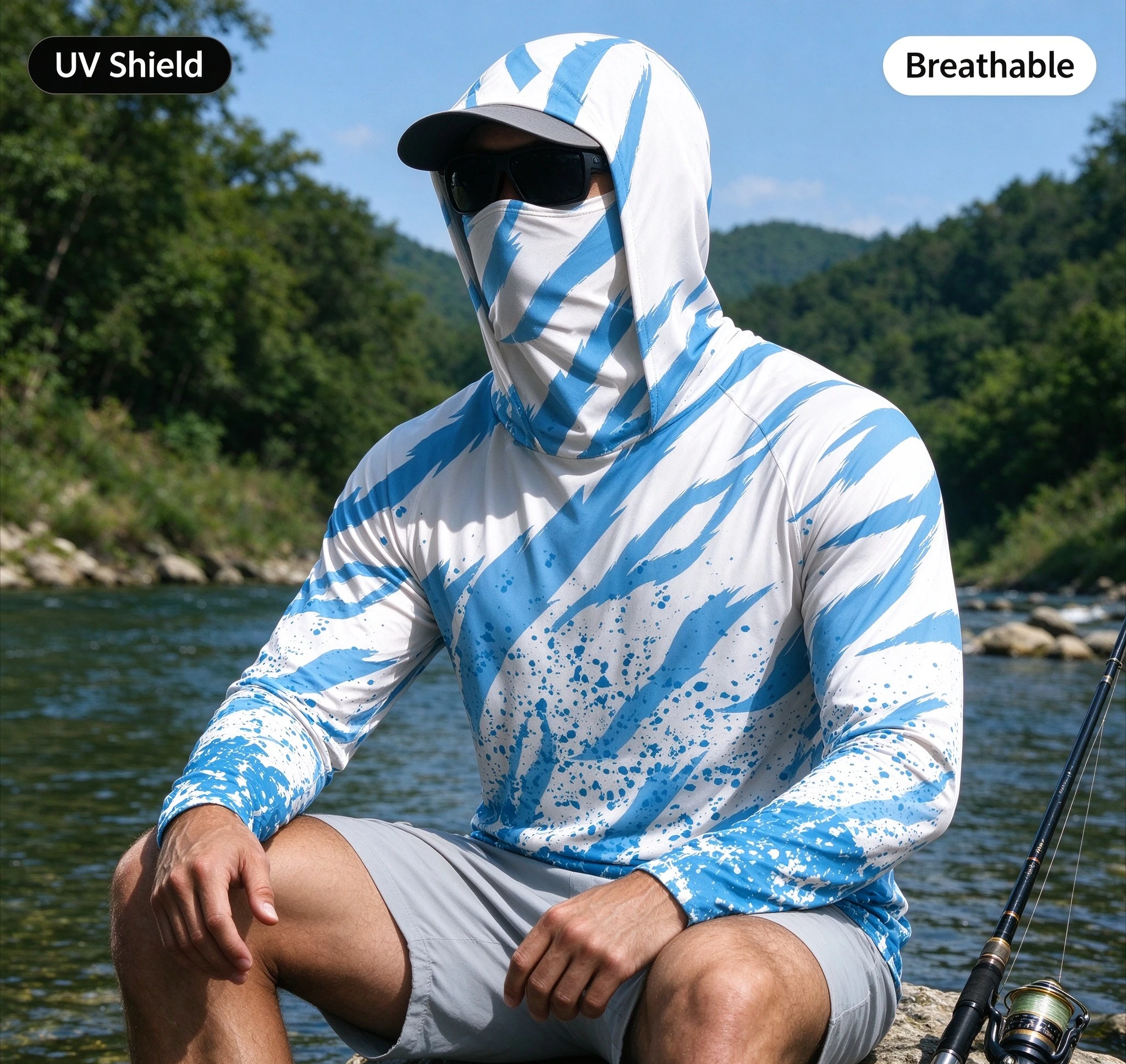 Mens Fishing Hooded Shirt UPF50 Sun Protection Face Cover Long Sleeve Blue Splash Print Quick Dry Outdoor Hiking Lightweight