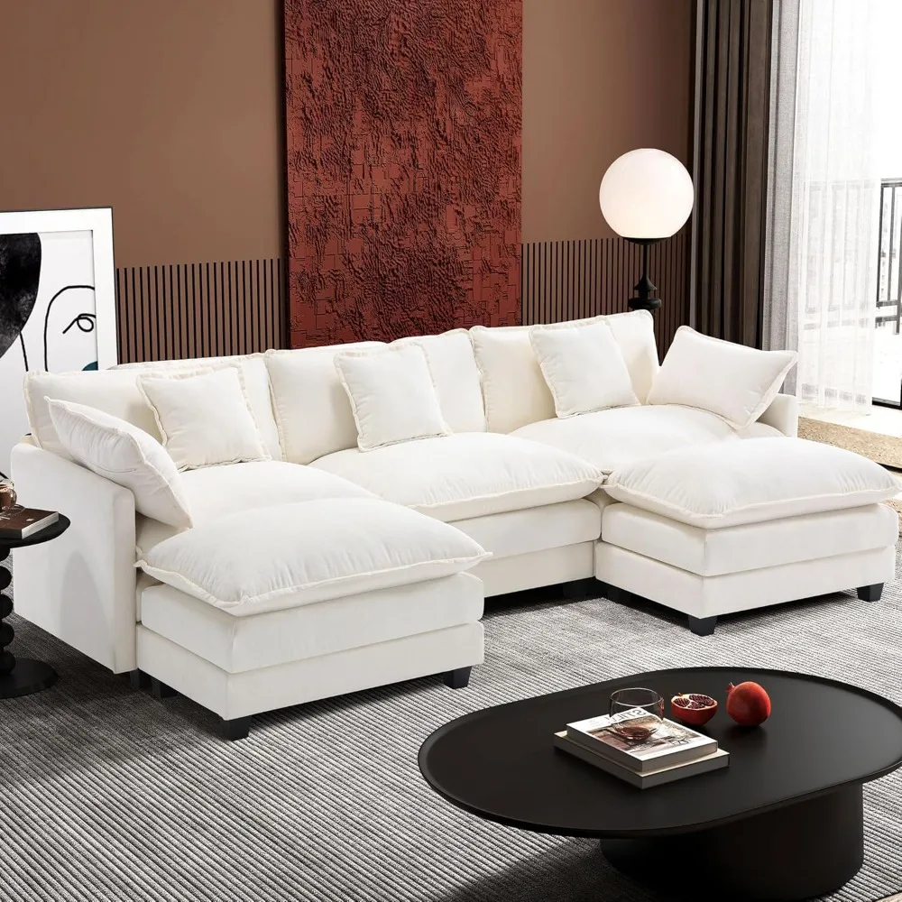 

U Shaped Cloud Couch Modern Modular Sectional Sofa with Ottoman, Seat Chenille Deep Seat Sofa with 5 Pillows for Living Room