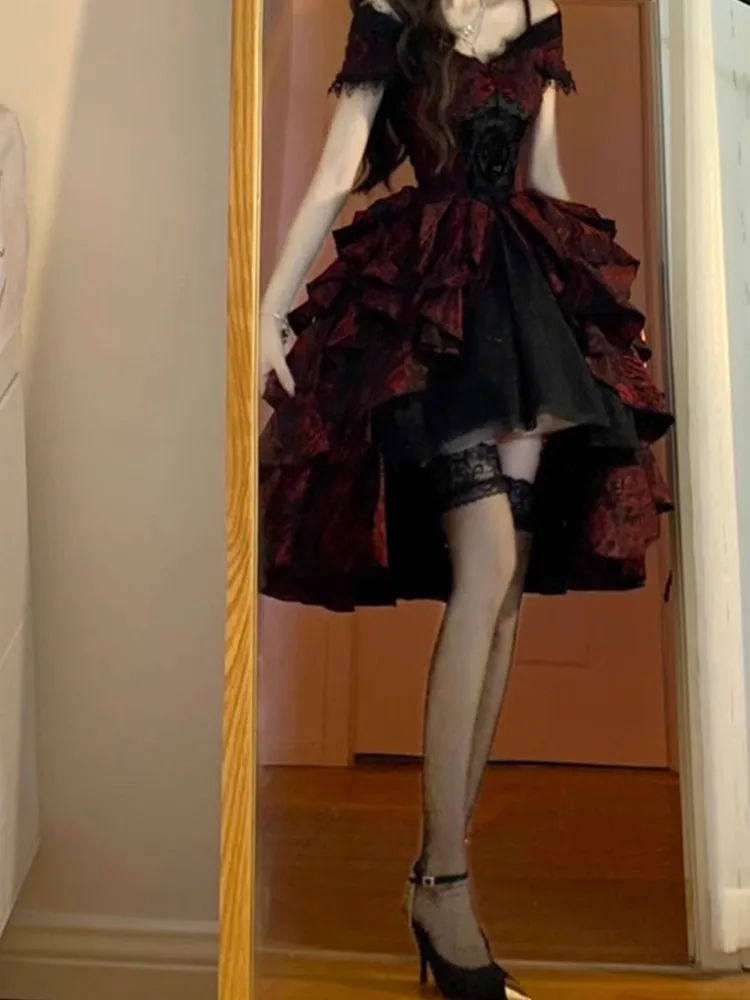 

High Sense One-word Shoulder Fluffy Princess Dress for Women Japanese Lolita Red Black Dress Summer A-word Dress