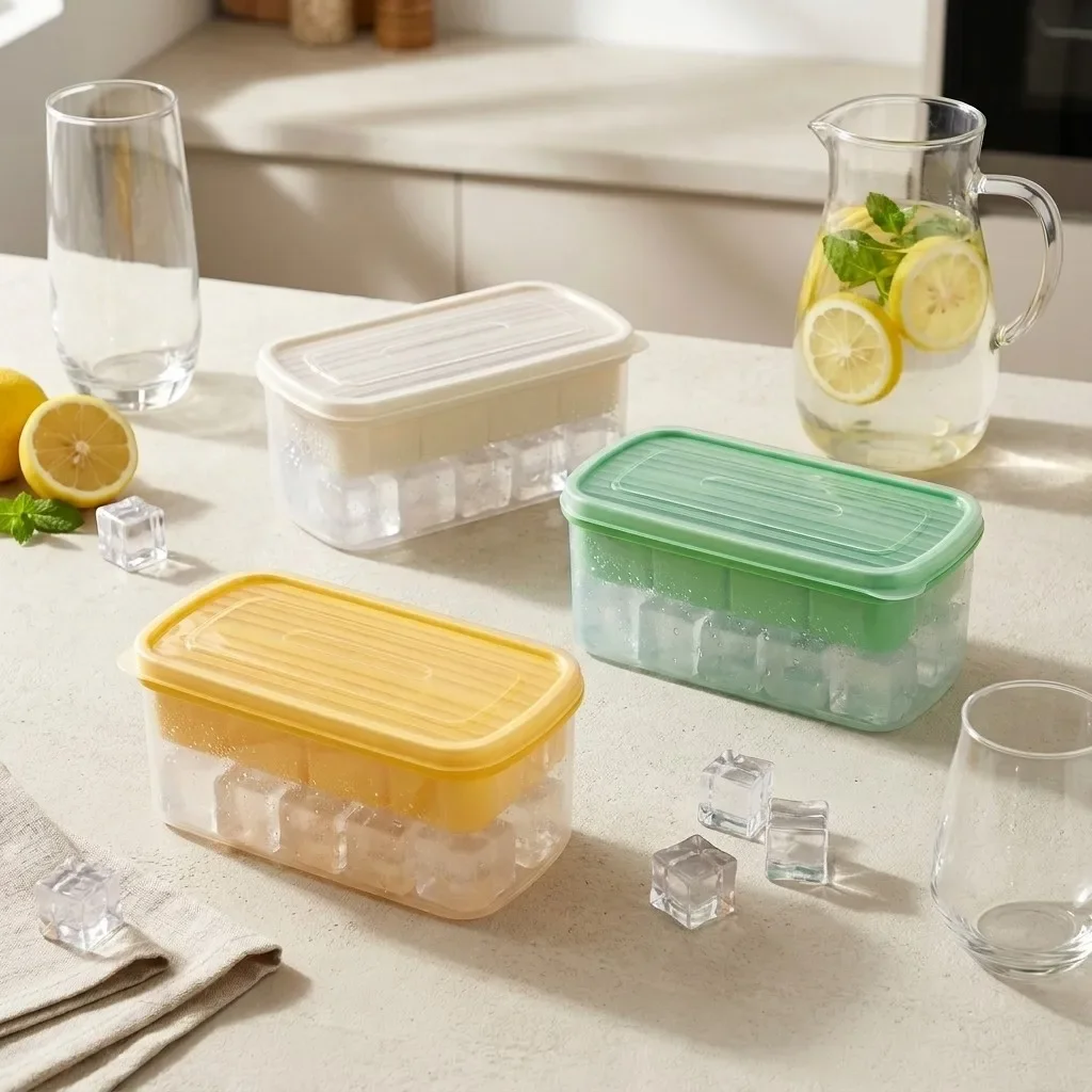 Reusable Ice Cube Tray With Lid Ice Cube Box Refrigerator Plastic Ice Mold 8 Grids Ice Cube Maker Kitchen Accessories Bar Tools