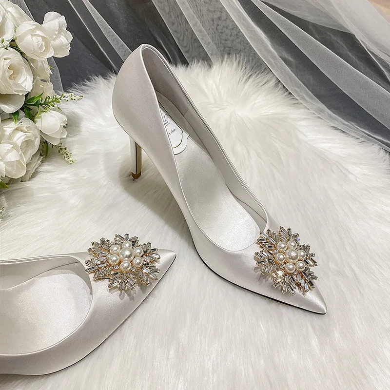 

French style main wedding dress wedding shoes snowflake pearl buckle whitehigh heels satin bridesmaid single shoes bride's shoes