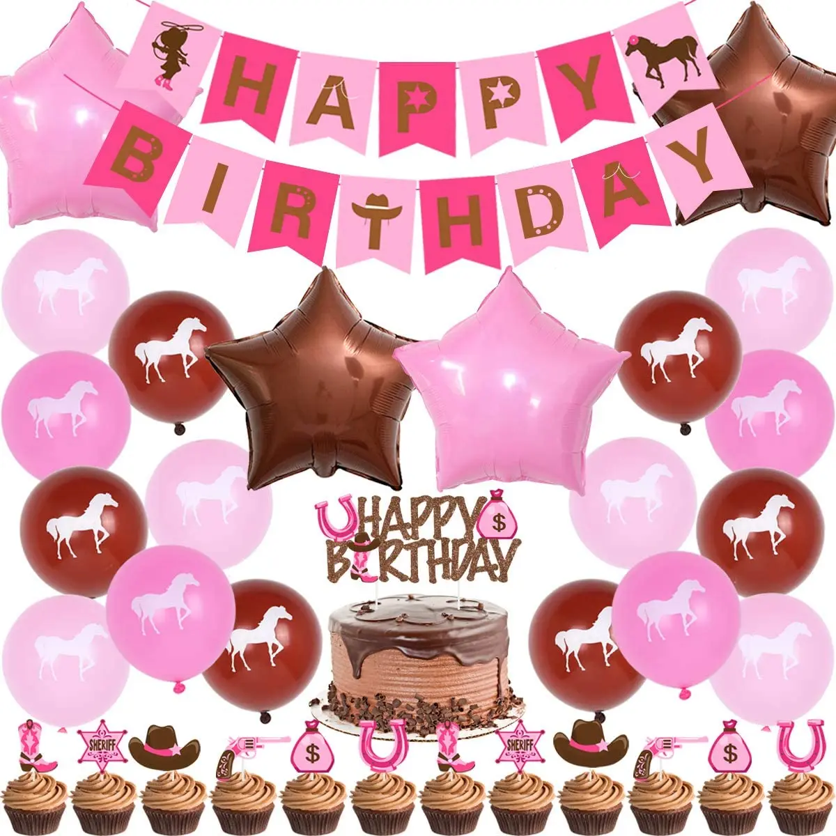 

Western Cowgirl Party Decorations Happy Birthday Banner & Cake Topper Horse Printed Balloons for Girls Birthday Party Supplies