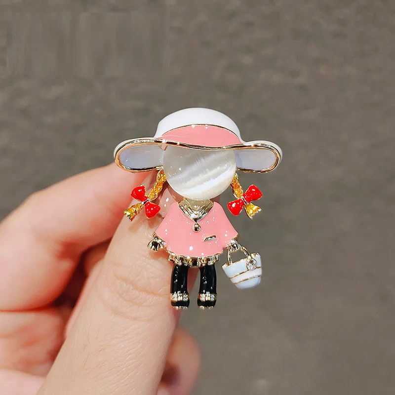 Kawaii Pink Enamel Girl Brooch Pin for Women and Kids