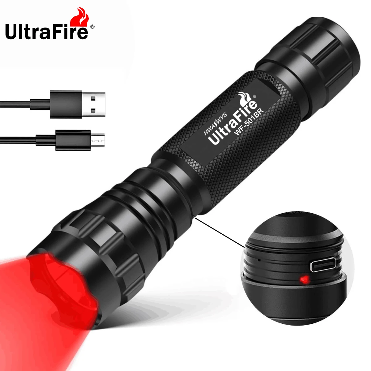 UltraFire WF-501BR Red Light LED Flashlight USB Type-C Hunting Tactical Torch Predator Light for Night Vision Aviation Astronomy