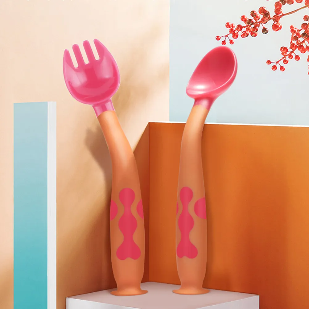 

1Set Baby Fork Spoon Infant Feeding Tableware Soft Rounded Head Suction Cup Base Safety Spoon Fork Baby Eating Learning Set