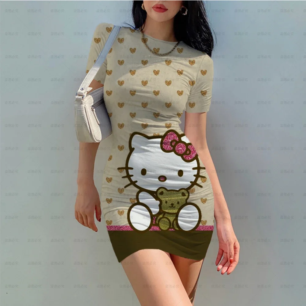 Hello Kitty 3d Bodycon Mini Jurken Voor Vrouwen Korte Mouw O-Hals Jurk Sexy Dames Nachtclub Dragen Slanke Jurken Mode Roze