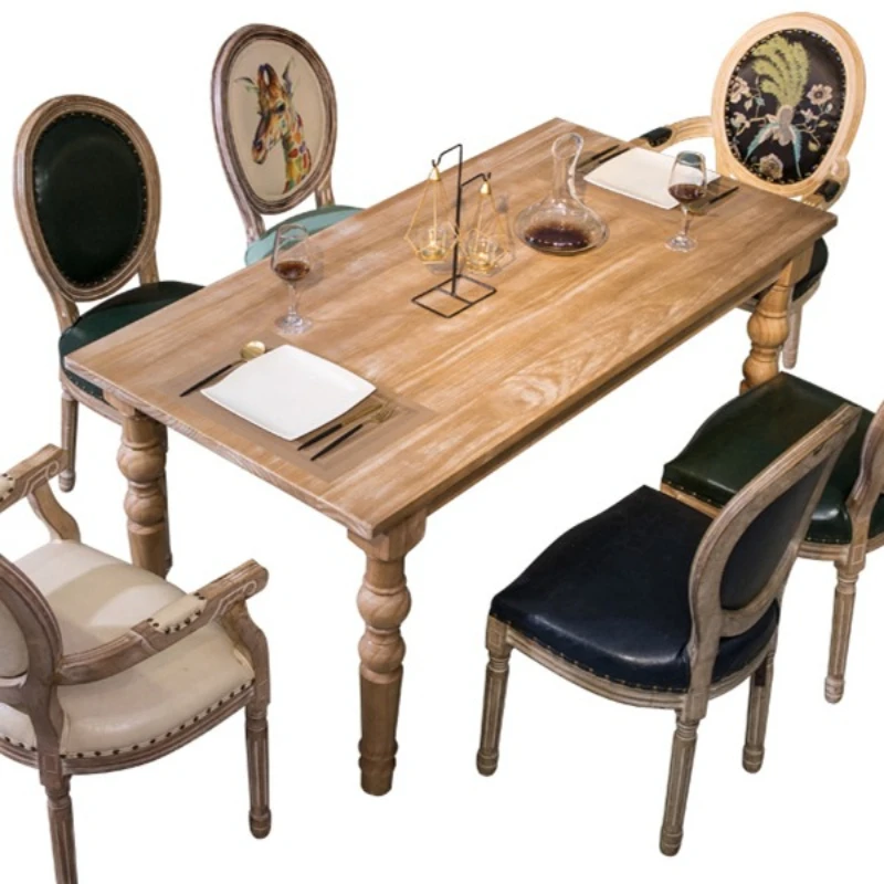 

Dining table combination solid wood retro old brushed pine dining table French restaurant simple rectangular