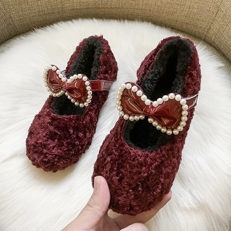 Red Teddy Fur ballerine Kid Girl Warm Thick Plush Mary Janes Child Winter Fluffy Party Princess Shoes con Pearl Bowknot