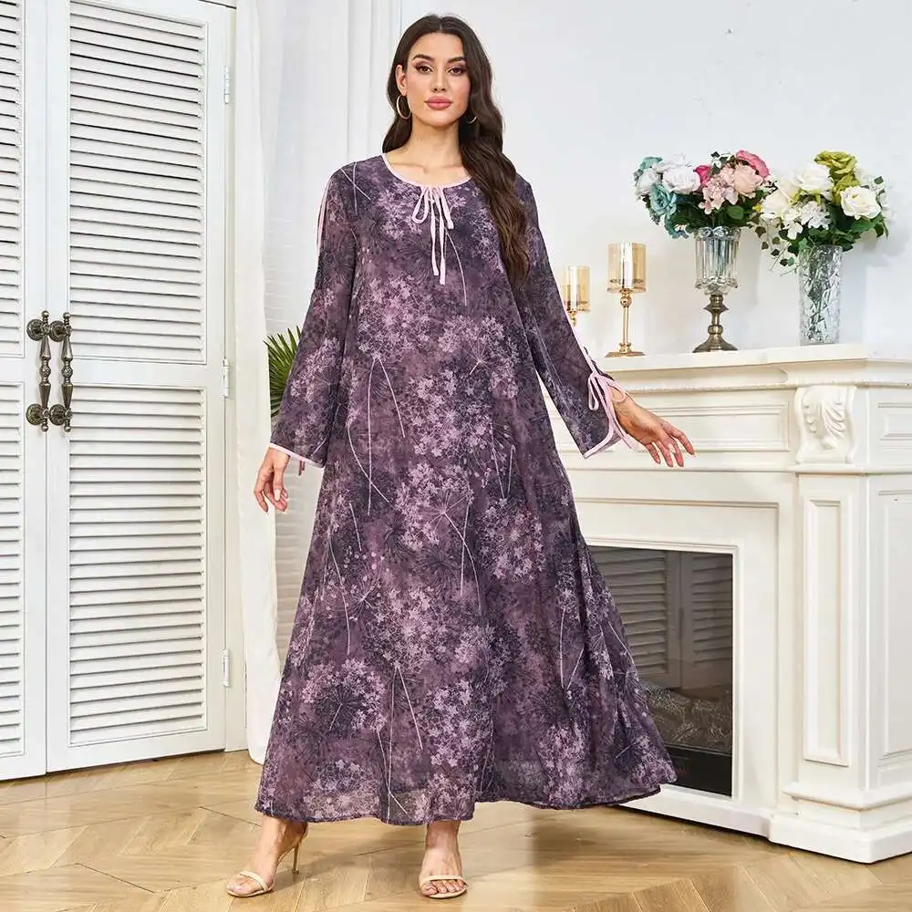 

Women's New Muslim Summer Long Sleeve Simple Loose Casual Floral Plus Size Dress Robe Abaya Ramadan Dubai Luxury Islam Elegant