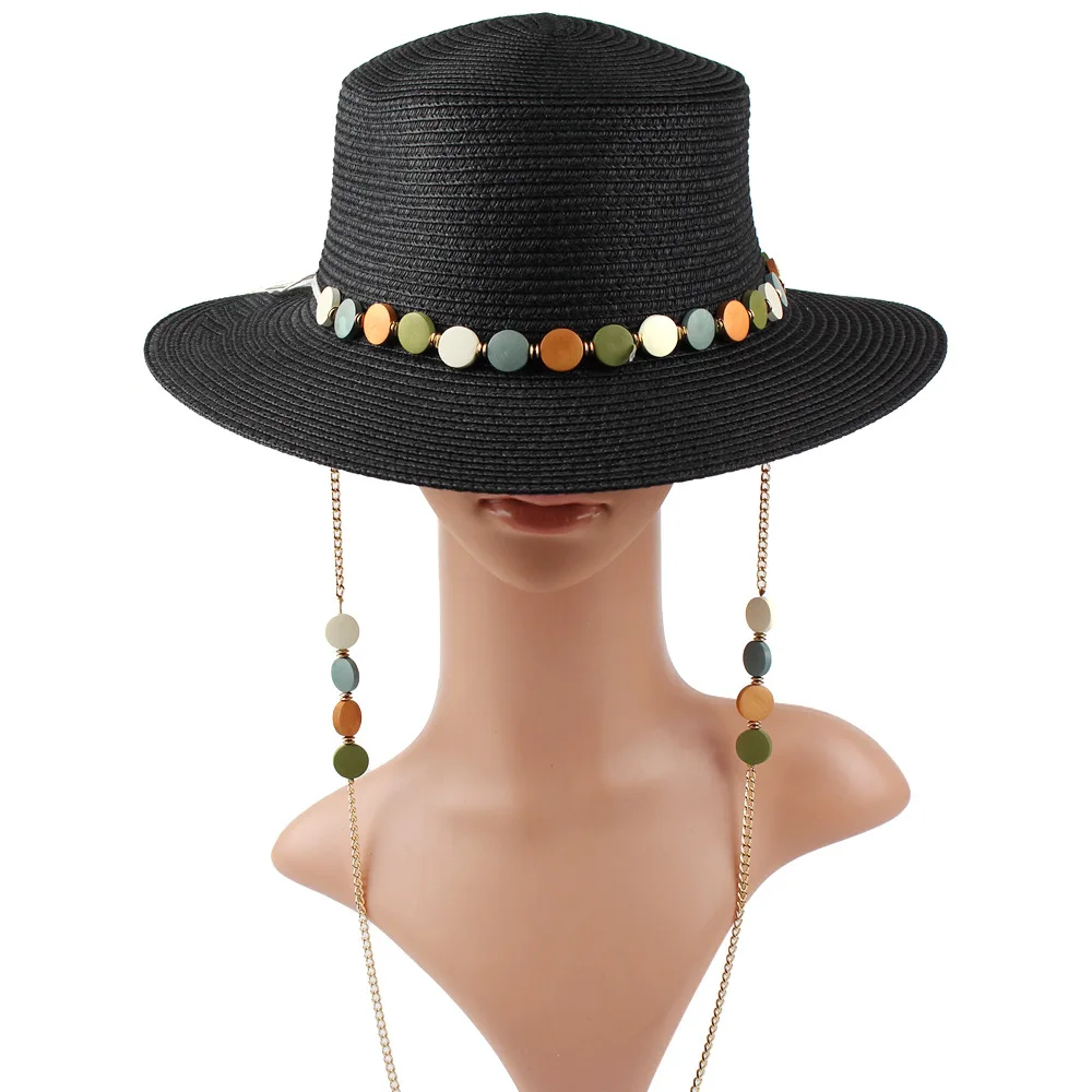 Fashion Exquisite Small Fedora Flat-top Straw Hat Two-piece Set With Chain Hat