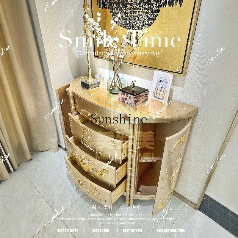 

French light luxury solid wood hand-painted bucket cabinet European champagne silver foil porch decorative storageP