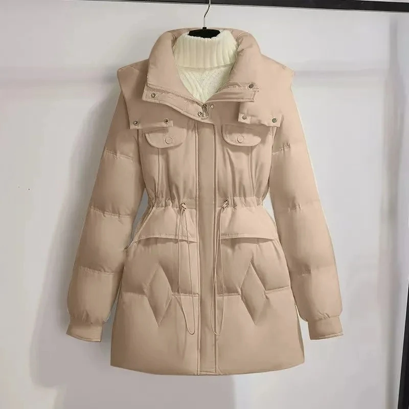 

2025 женское средне-длинное корейское издание, свободное хлопковое зимнее пальто с капюшоном, пальто, женское плотное теплое пальто-парка с затягивающей талией