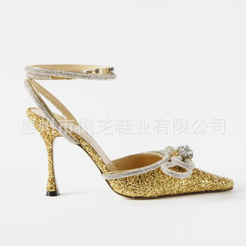 Women Pumps Office Career Summer Sequined Cloth 8CM Thin High Heels Pointed Toe Buckle Strap Butterfly-knot Solid Woman Shoes
