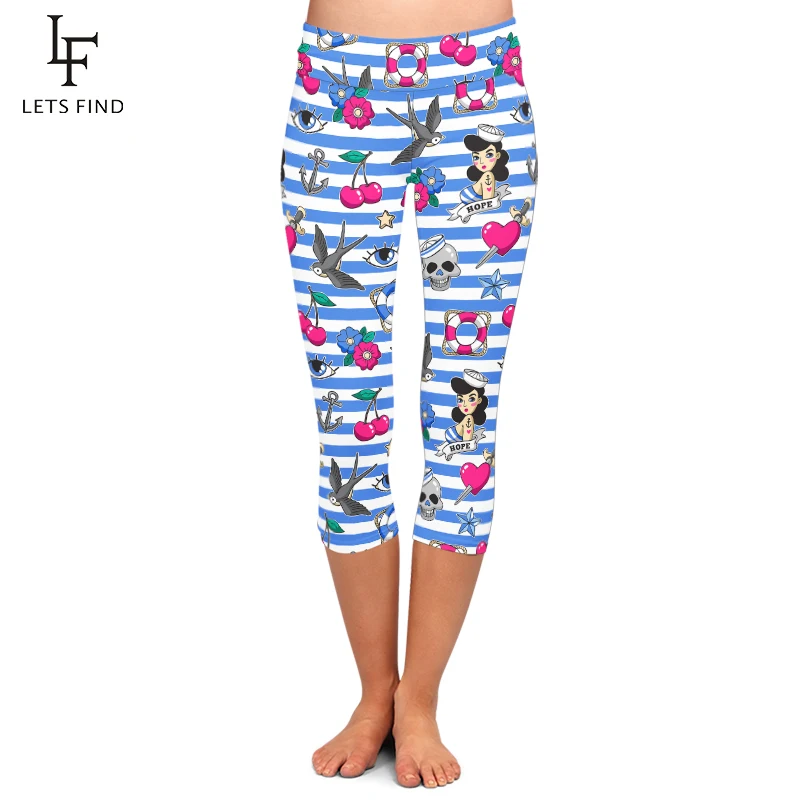 LETSFIND Fashion Patch Elements Pattern Milk Silk Print Mid-Calf Leggings High Waist  Fitness Elastic Capri Leggings