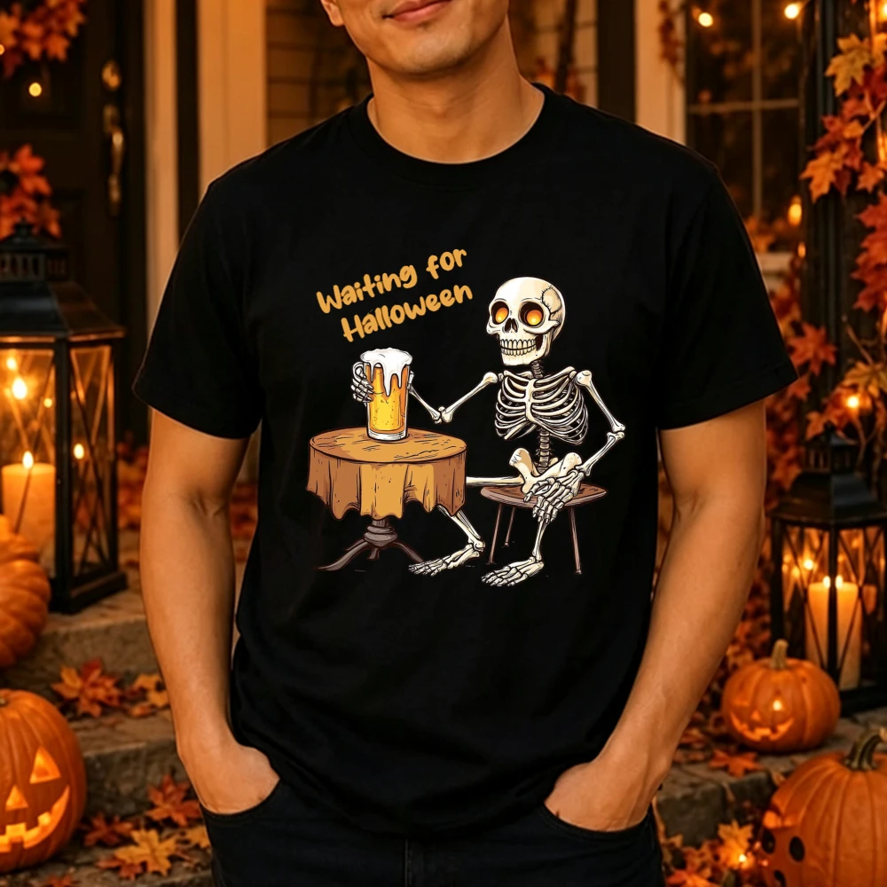Funny Skeleton Drinking Beer T-shirt Waiting for Halloween Men Women Unisex Cotton Short Sleeve Graphic Tee Tops Women Clothing