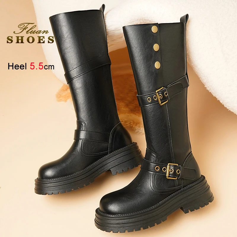 

Spring Autumn Black Rivets Women's Knight Boots Thick Heels 5.5cm Knee High Boots Turned-Over Edge Round Toe Ladies Long Boots