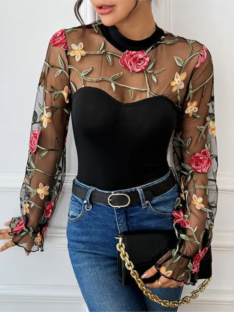 

2025 See Through Lace Jumpsuit Jumpsuits For Woman Rompers Bodysuits Women's Clothing Half-high Collar Embroidery Long Sleeves