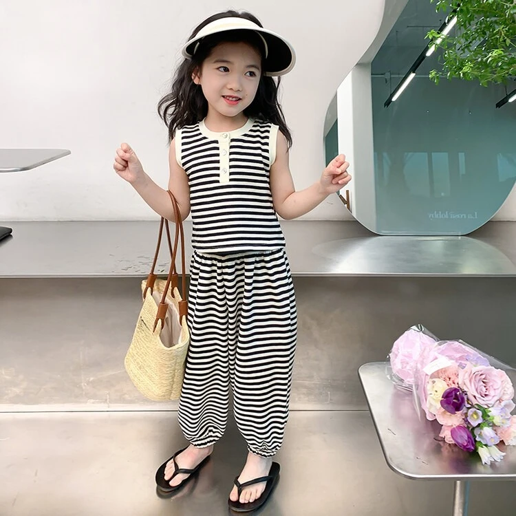 Girls' Striped Tank Top Set 2026 Summer Baby Girl Sleeveless Top with Lantern Pants Two-Piece Set
