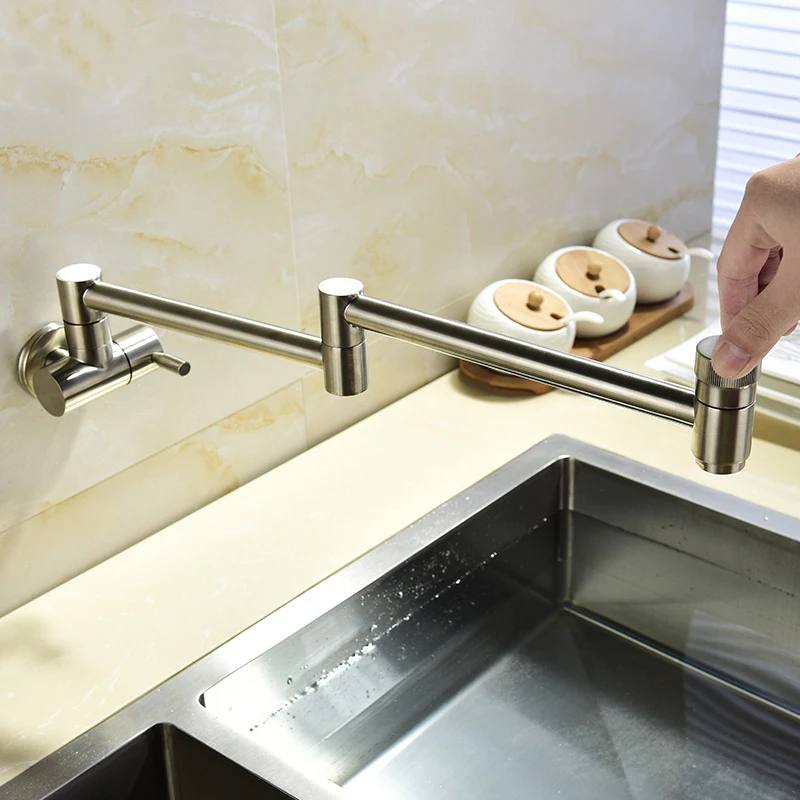 Wall Mounted Kitchen Faucet Single Lever Rotate Folding Spout Single Cold Water Tap Swivel Retractable Basin Faucet Dual Switch