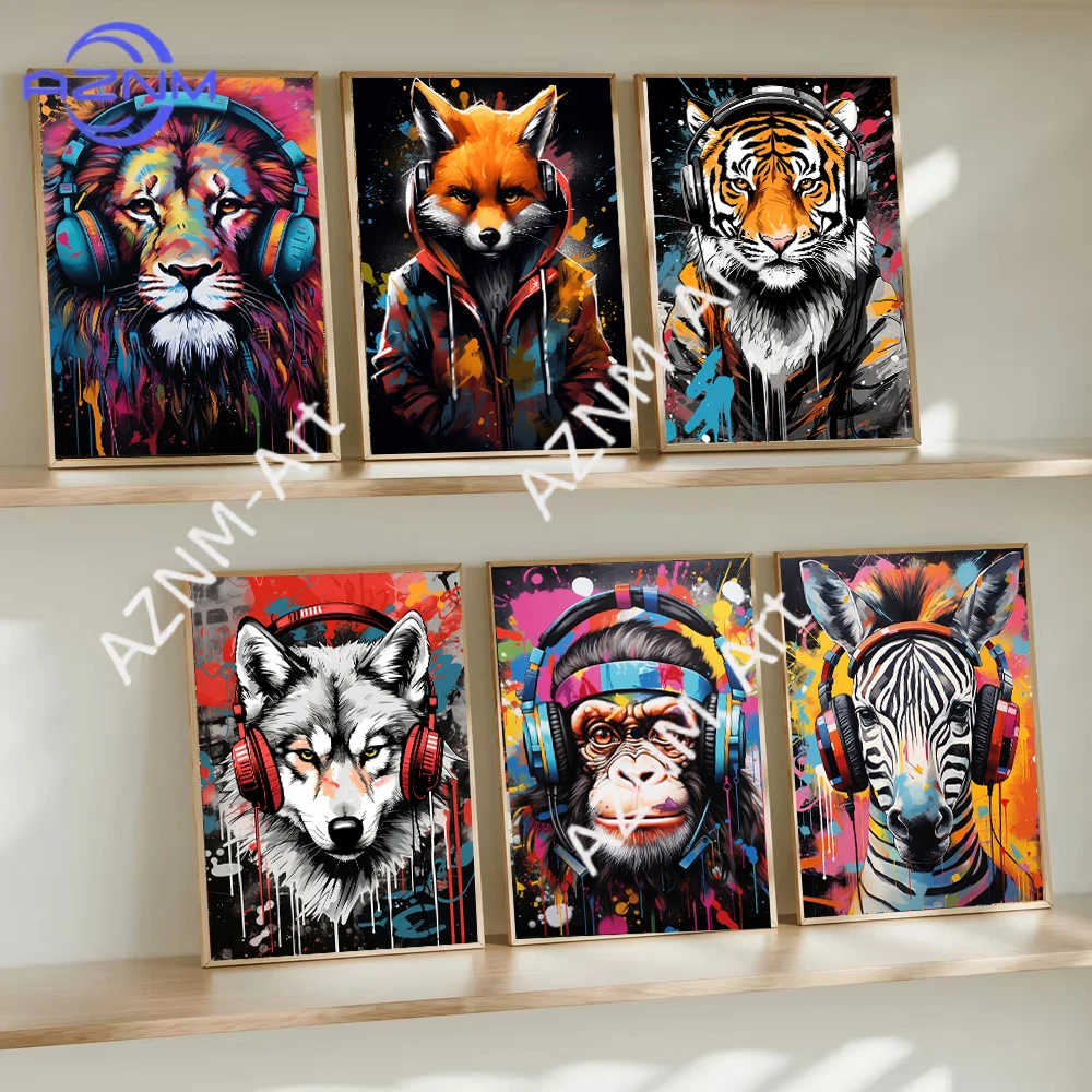 Graffiti Art Lion Monkey Panda Tiger Fox with Headphones Canvas Paintings Gaming Posters Gamer Print Wall Picture Home Decor