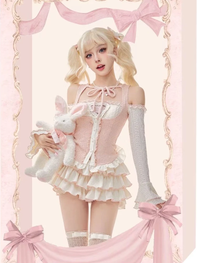 Autumn Kawaii 3 Piece Skirt Suit Women Casual Y2k Lolita Mini Skirt Set Female Korean Fashion Bow Elegant  Sweet Set 2023 New