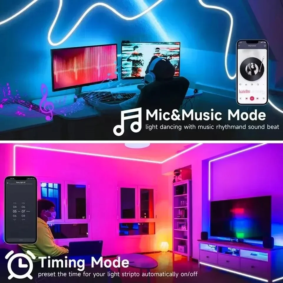 RGBネオンLEDストリップライト,日曜大工,Bluetoothアプリケーション制御,サウンドピックアップ,休日の装飾用