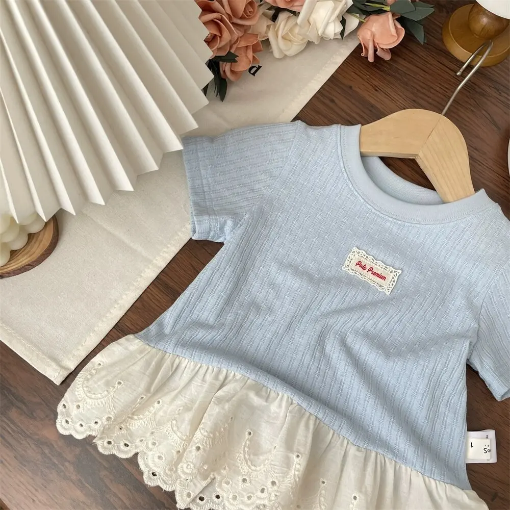 UNITIM Summer Kids Girls Tees Cotton Thin Lace Hem Infant Babys Girls Undershirts Loose Round Collar Children Girl Short Sleeves