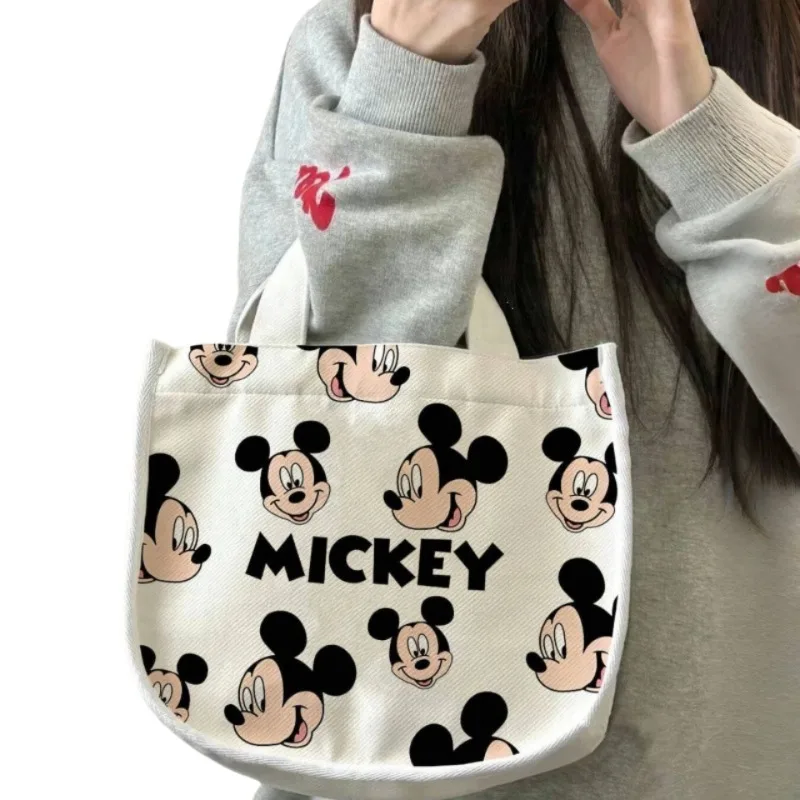 Disney-Bolsa quadrada pequena para estudantes, bolsa portátil para almoço e almoço, desenho animado criativo, bonito coração feminino impresso, mickey, funcionário de escritório