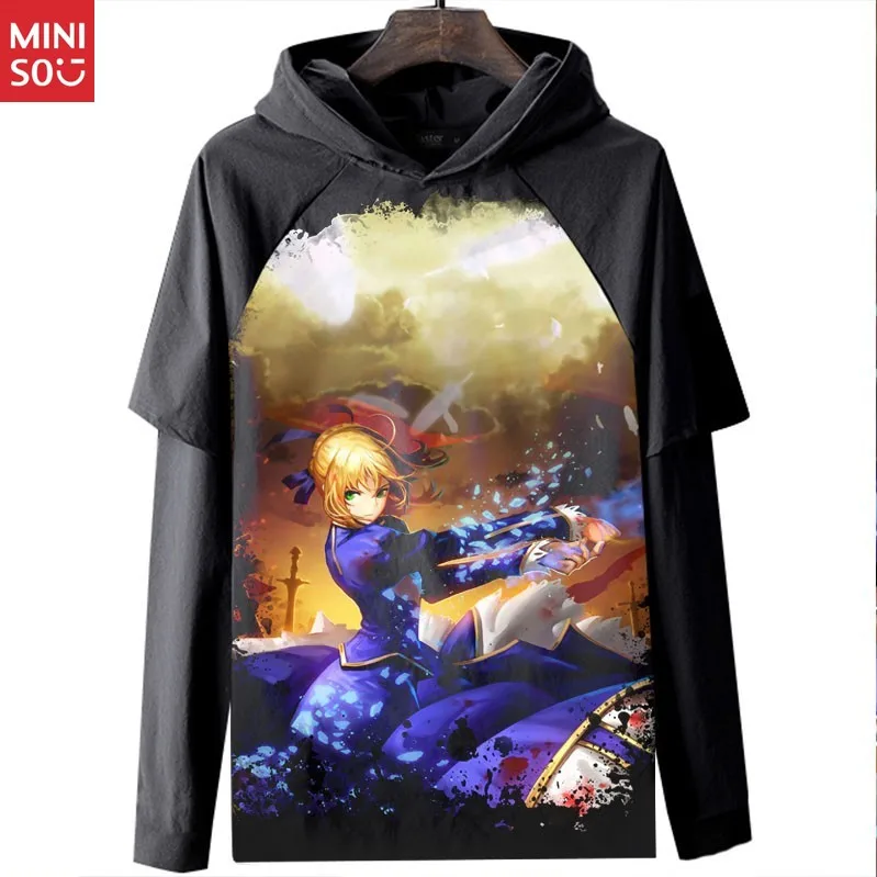 تي شيرت Miniso Fate Stay Night Fate Guard Night Sabre بأكمام طويلة ملابس مطبوعة رقمية ثلاثية الأبعاد