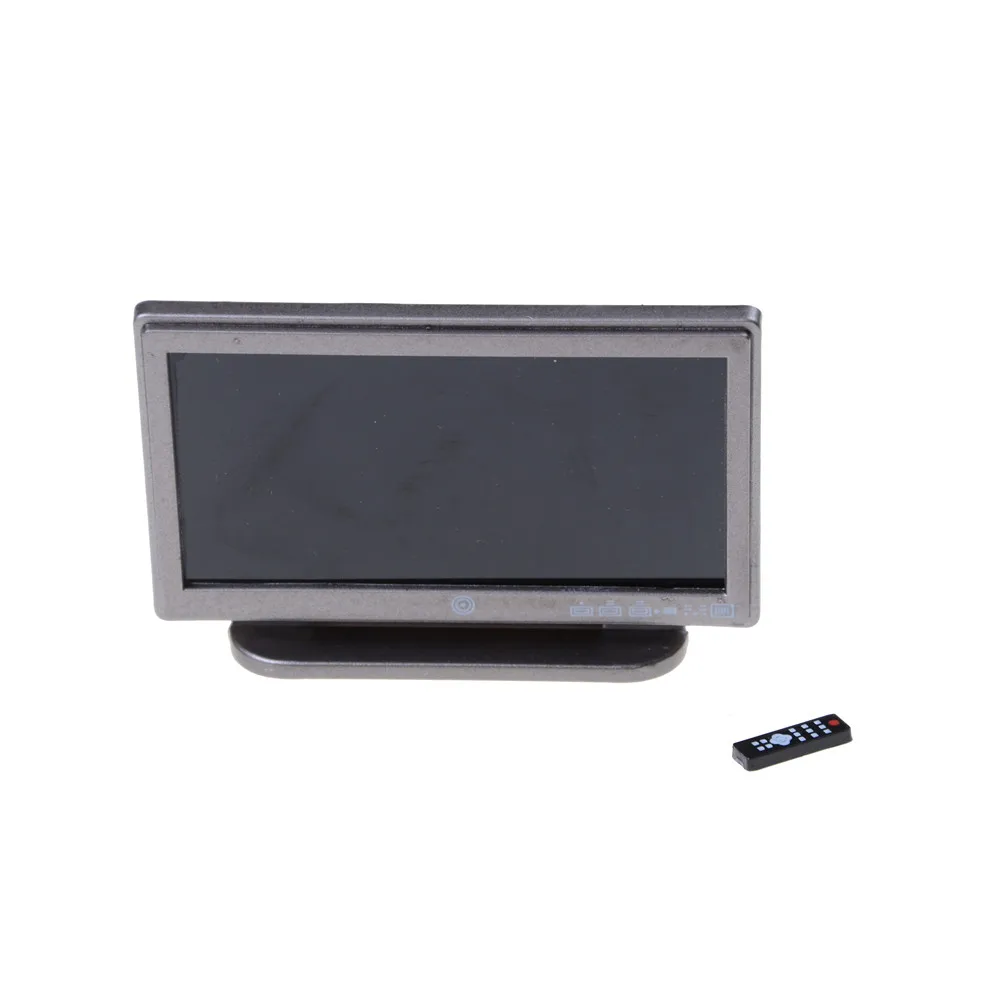 B*Newest 1pc Dollhouse Miniature Wide Screen Television Flat-Panel LCD TV Remote Gray Classic Pretend Play Toys for Child