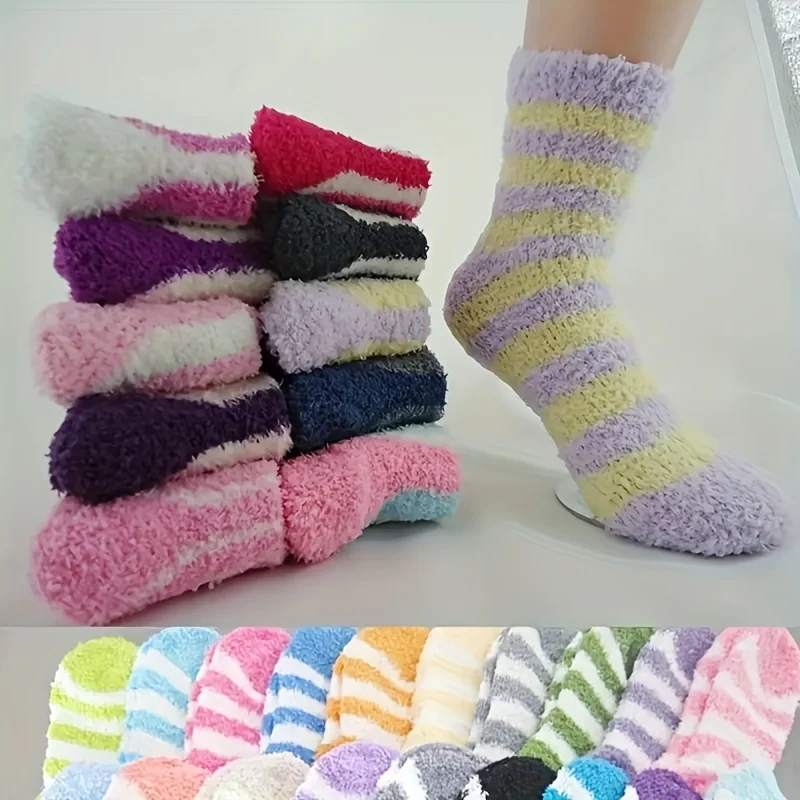 12pcs Women's Fleece-Lined Winter Socks - Thick and Warm Indoor Slippers and Floor Socks,Striped Cuffs-Soft/Outdoor Style Tights