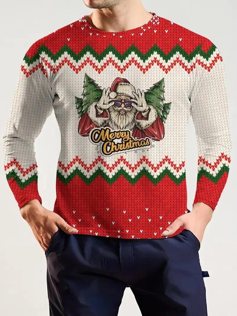 Men's 3D Print Merry Christmas Pattern Long Sleeve T-Shirt New In Large Size Crew Neck Tshirts Clothes Mens Funny XMAS Tee Shirt