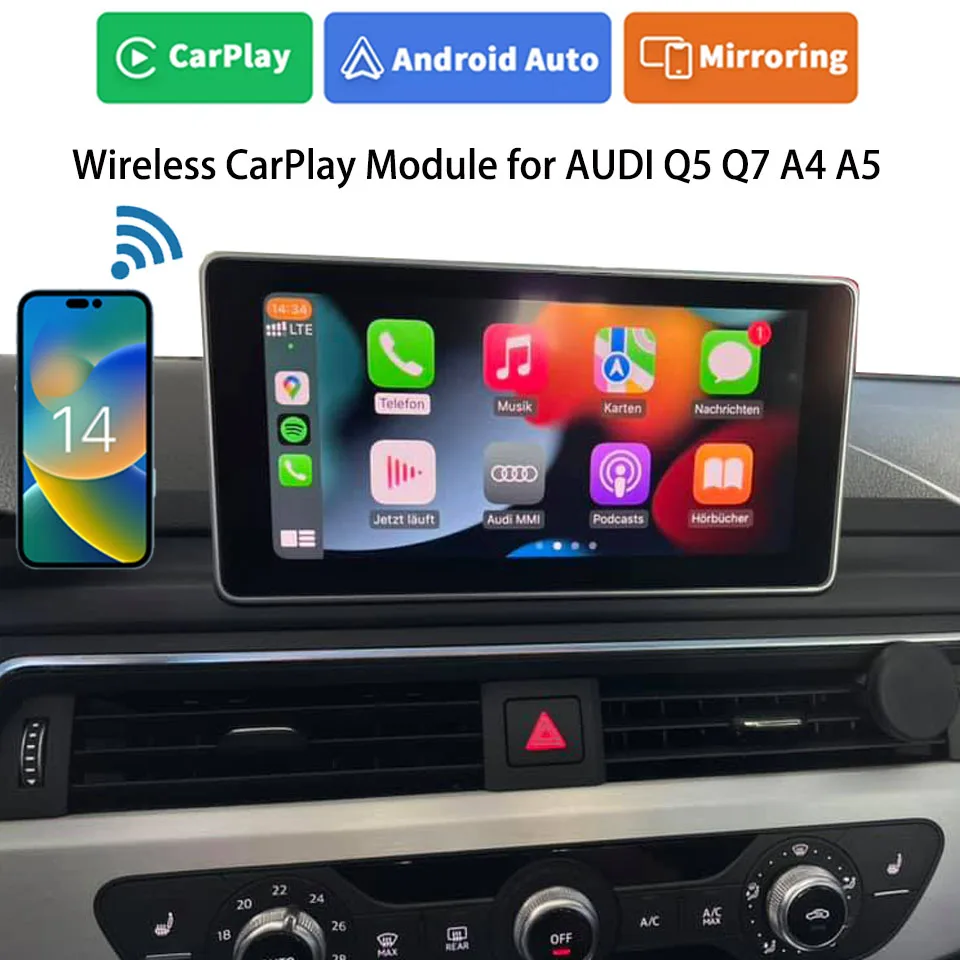 iCarPlay Phone MirrorLink Interface Android Auto Wireless for AUDI A4 A5 Q7 Navigation Map Up-to-Date CarPlay Rear View Input