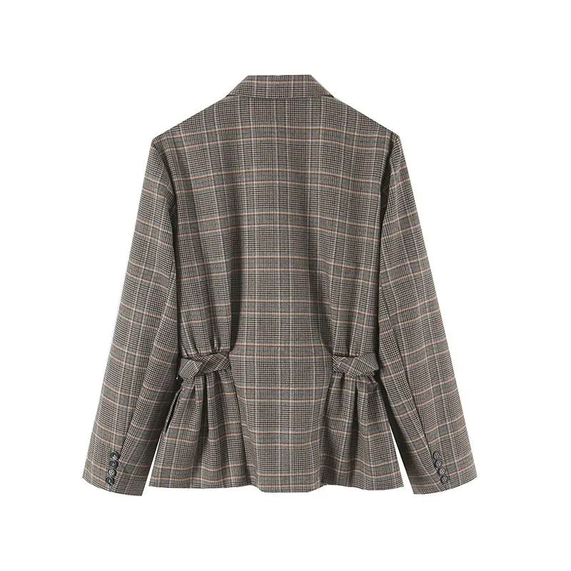 Nlzgmsj 2026 Autumn Women Plaid Blazer Lapel Collar Double Breasted Jacket Waist Drawstring Pleated Vintage Outerwear