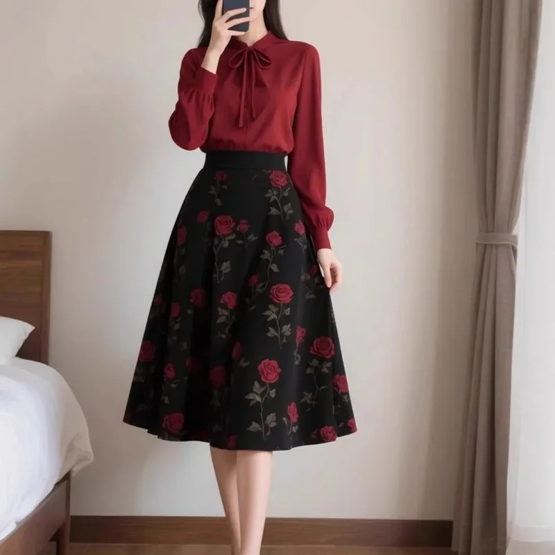 

Women's Vintage Rose Print A-line Midi Skirt Elegant High Waist Casual Flowy Skirt
