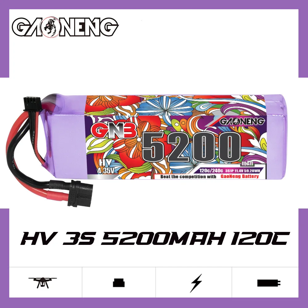 

MAX 240C GAONENG GNB 3S 5200mAh 11.4V HV 120C Lipo Battery For RC Helicopter Quadcopter FPV Racing Drone Spare Parts