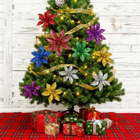 6pcs Artificial Christmas Flowers,   Christmas Tree Ornaments Flowers for New Year Xmas Tree Wedding Decorations