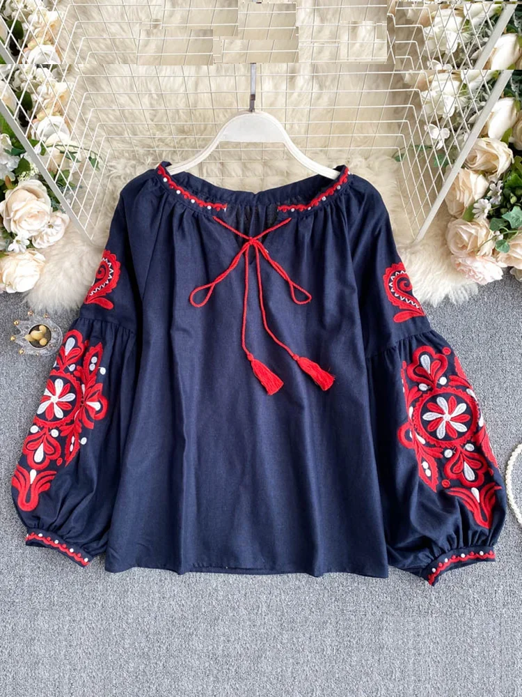 Women's Retro Blouse National Style Embroidered Lace-Up Tassel V-Neck Lantern Sleeve Tops Loose All-Match Female Blusa PL536