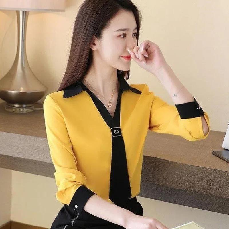 Fashion Vneck Tie Long Sleeve Chiffon Shirt Women's Clothing 2024 Spring Office Lady Casual Commute Solid Spliced Blouse B772