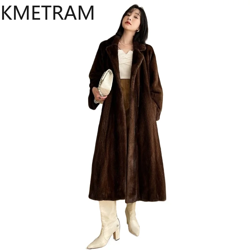 KMETRAM Natural Whole Mink Fur Jacket Women Fashion Velvet Mink Fur Coat Retro Winter Warm Long Coats Woman Clothing 115cm 2026