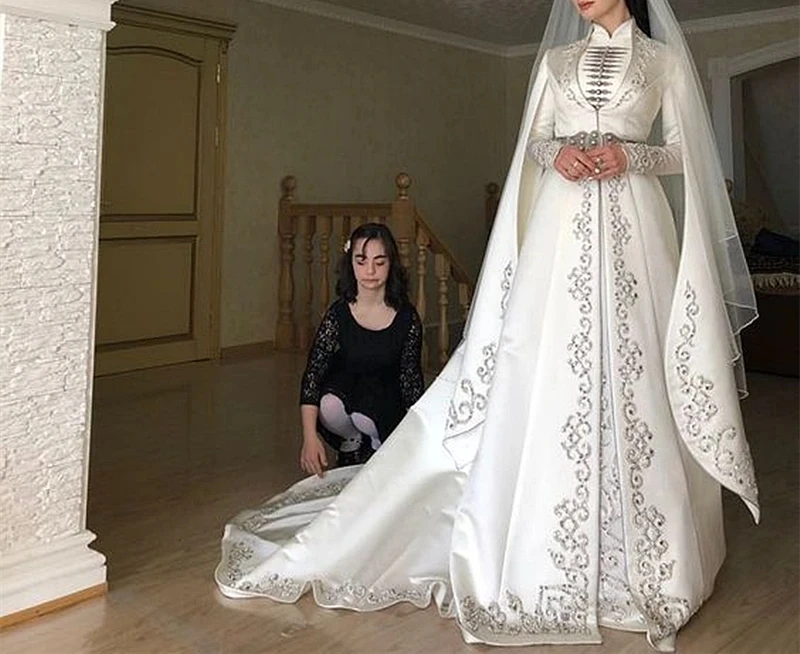 Caucasus national Wedding Dresses With cape long sleeve High Neck Satin Embroidery Beaded arabic Muslim hijab Bride Gown custom