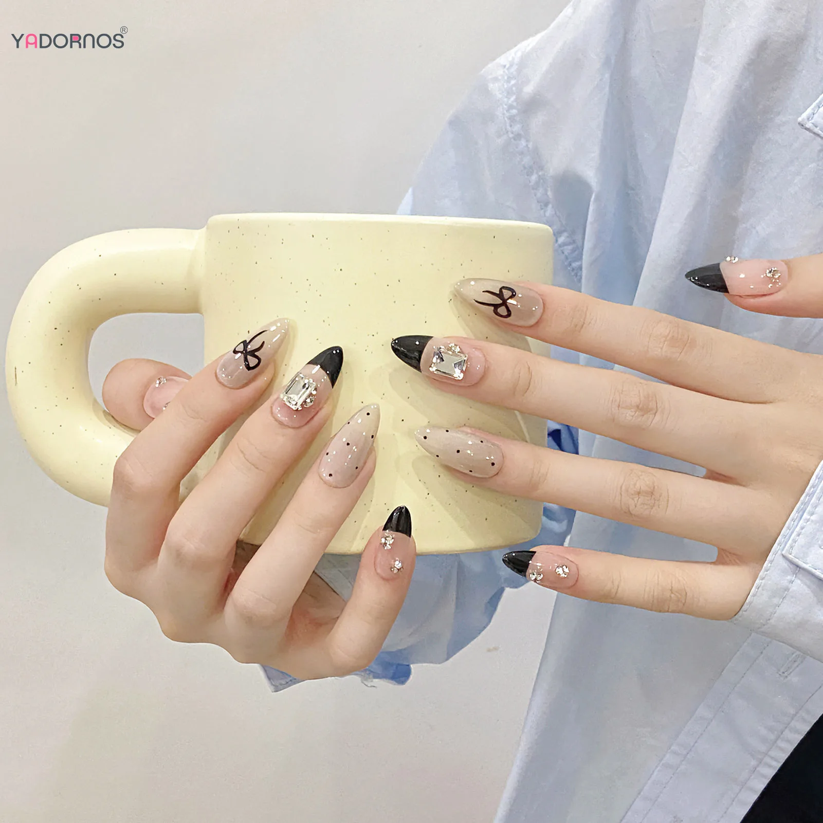 Uñas postizas hechas a mano de ojo de gato para mujer, uñas postizas de estilo francés de almendra larga, diseño de nudo de lazo de diamante brillante, manicura