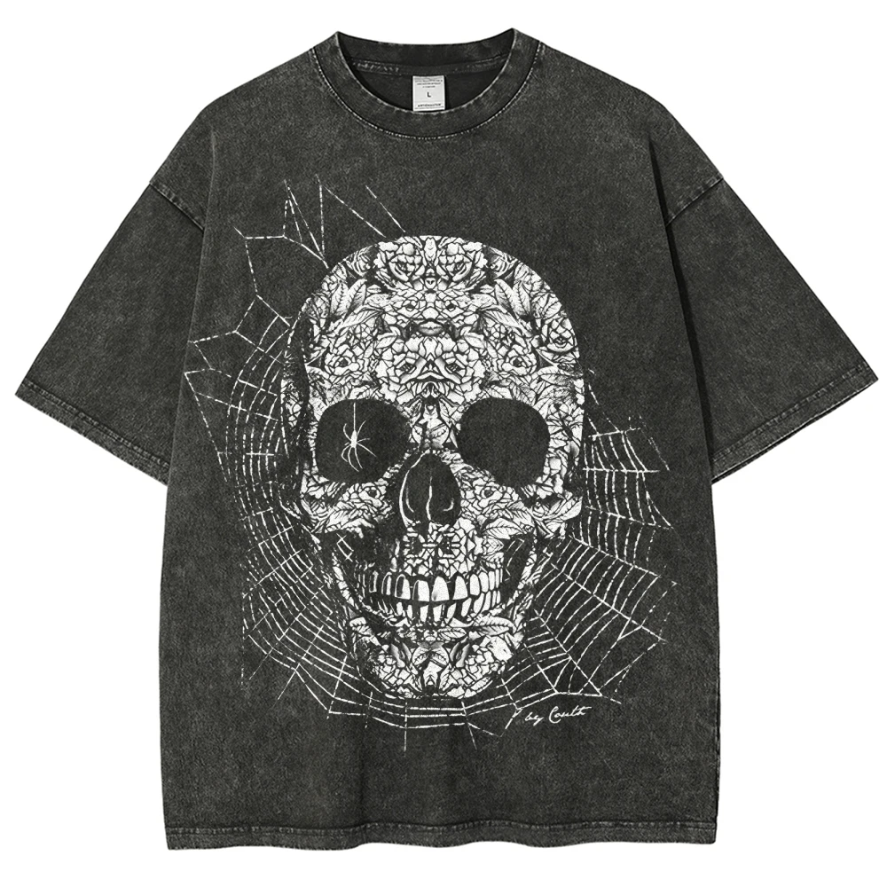 

Spider Web Skull Retro Print T Shirt Heavyweight Washed 100% Pure Cotton Black Brand Luxury T-shirt Customizable Graphic