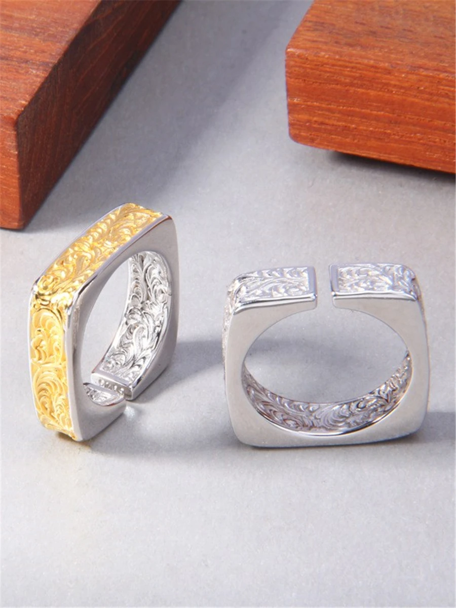 HX Tang Grass Pattern Square Ring for Men and Women Personalized National Trend Retro Live Mouth Adjustable Fashion Jewelry