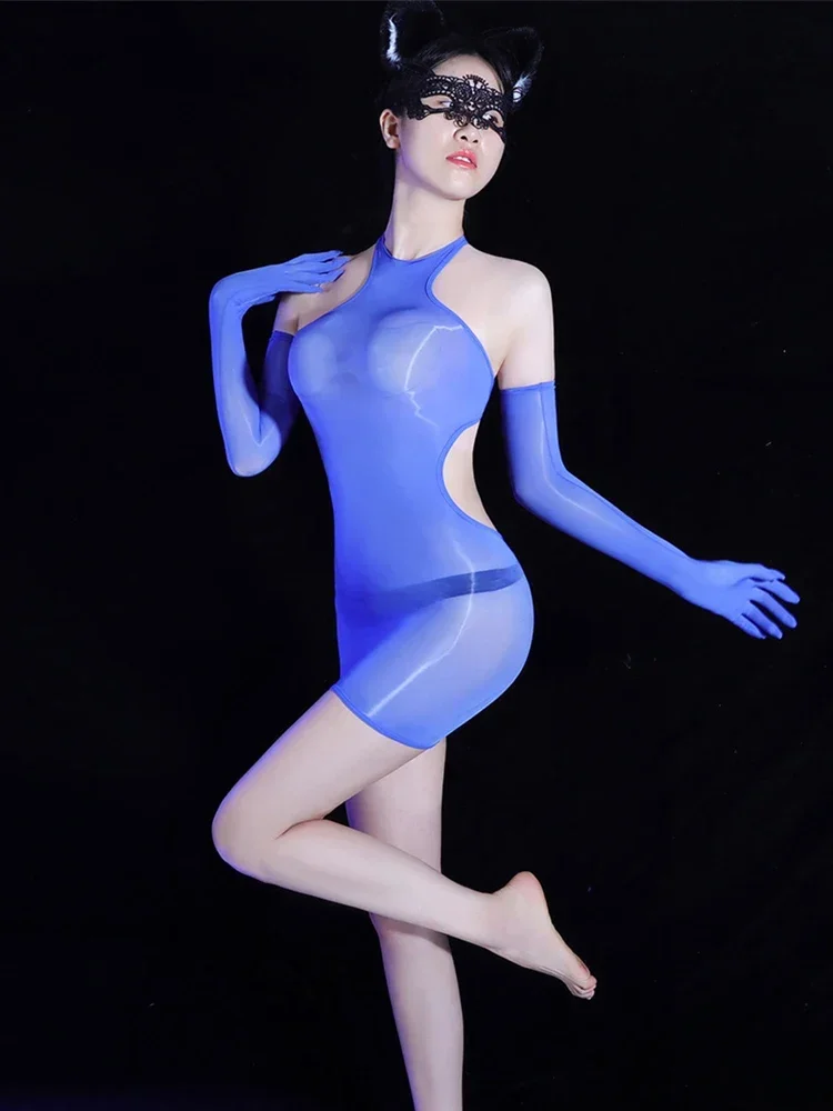 Sexy Backless Dames Mini Micro-jurken Olie Glanzend Glanzend Sheer See Through Minirokken Elastische Wrap Hip Club Halter Jurken Nieuw