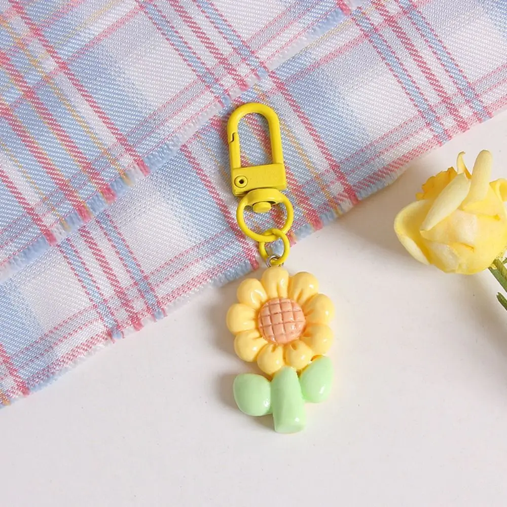 Young Girl's Heart Tulip Flower Keychain Candy Color Resin Sunflower Keychain Korean Kawaii Sweet Resin Tulip Keychain Girls
